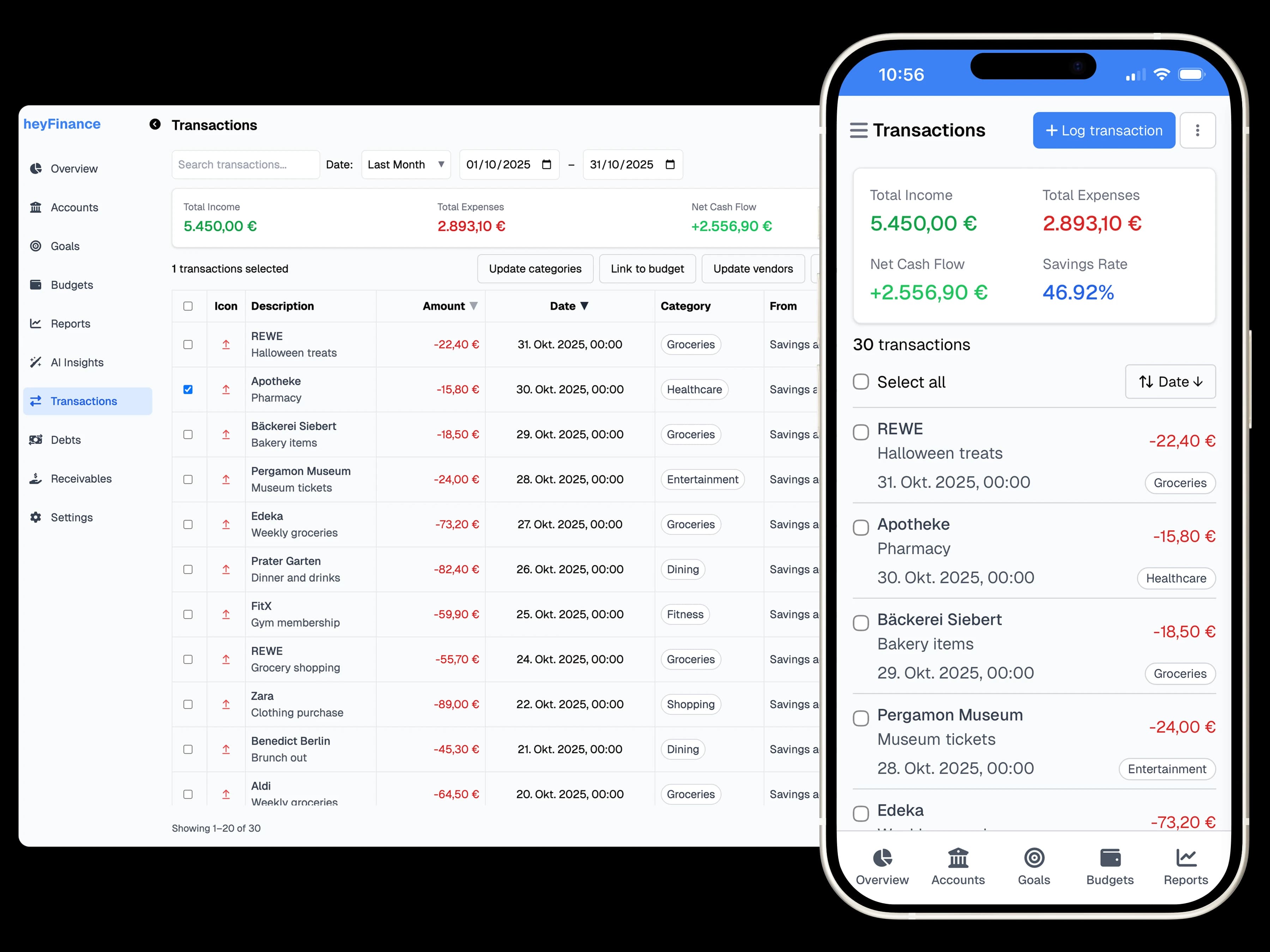 Add transactions manually or via CSV